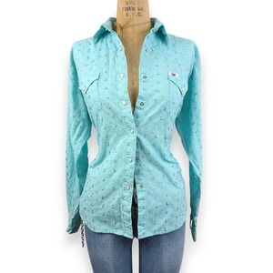 Cruel Girl Eyelet Snap Button Fitted Blouse Western Aqua Embroidered Cowgirl XL
